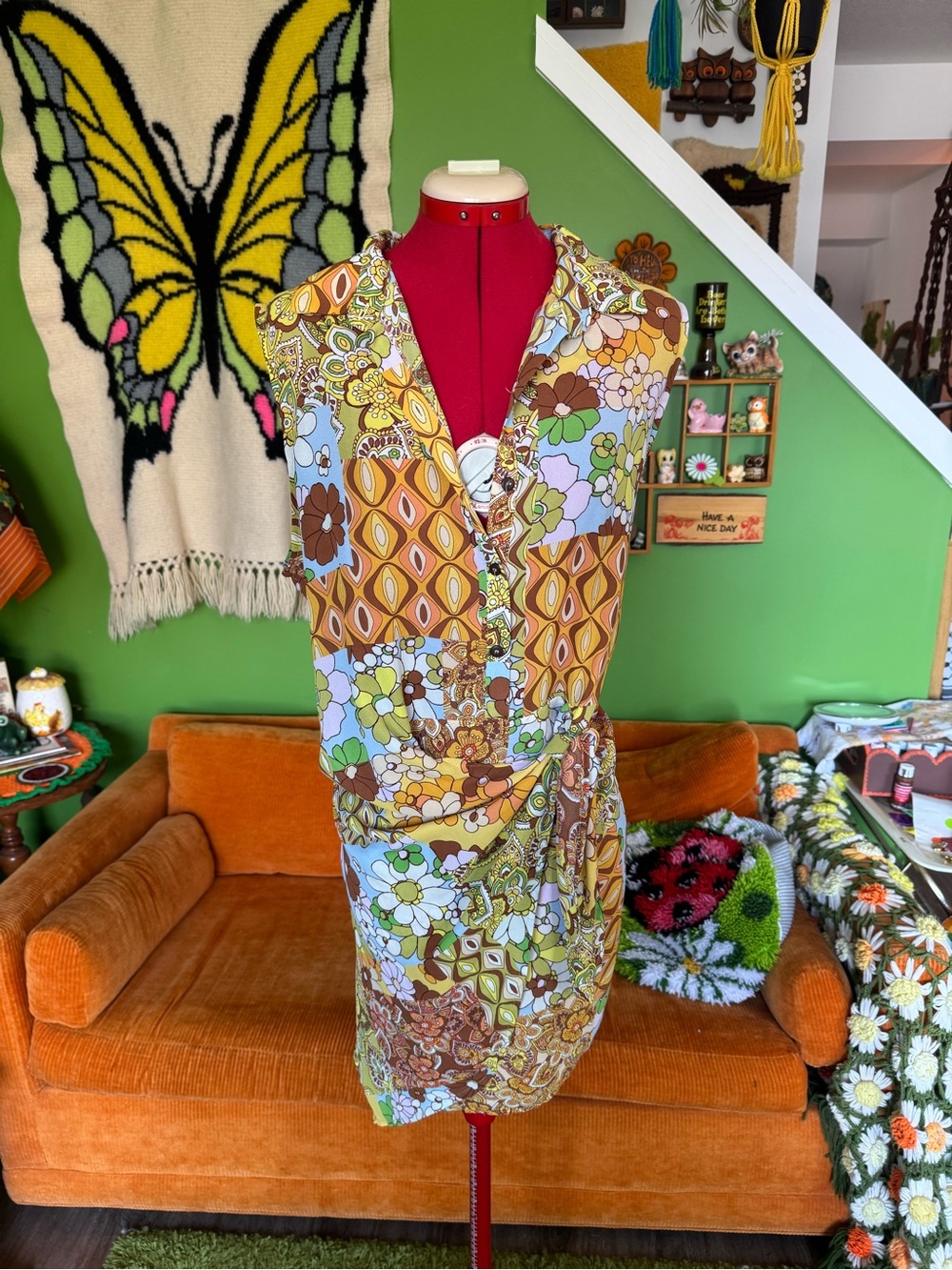 Vintage-Inspired Floral Wrap Dress in Brown & Green